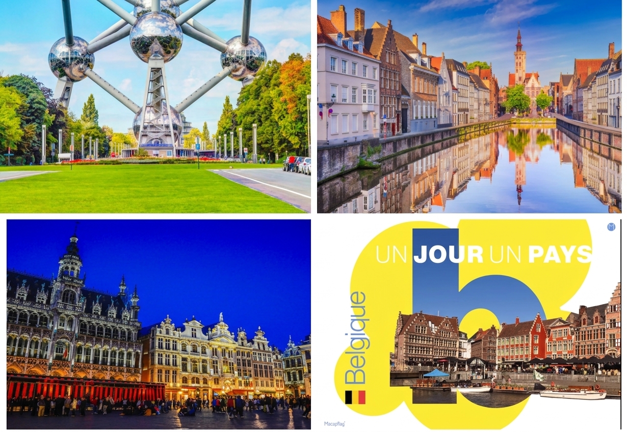 Mosaïque de la Belgique : Atomium de Bruxelles, canaux de Bruges et Grand-Place illuminée