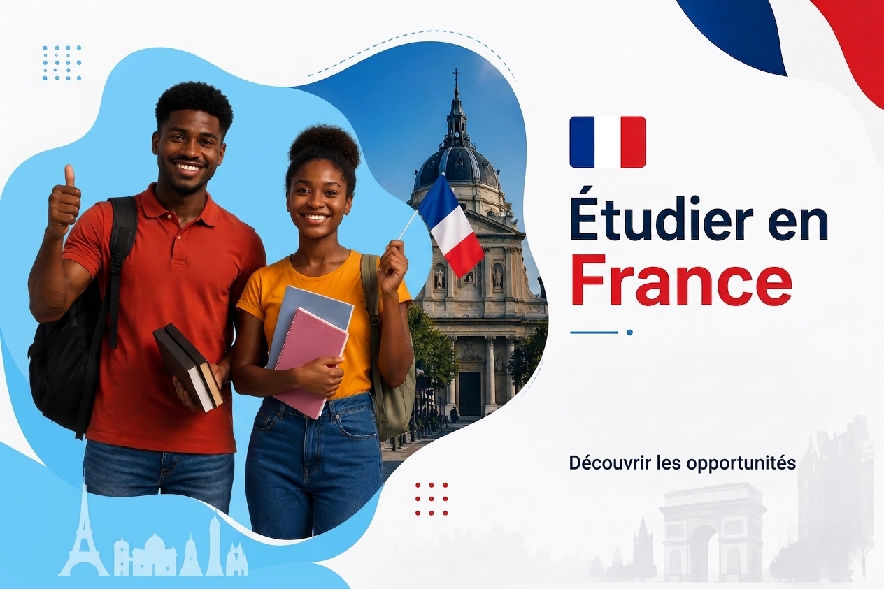 Deux étudiants sénégalais souriants devant la Sorbonne, drapeau français en main