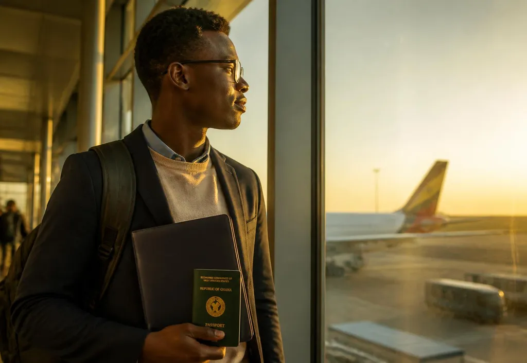 Étudiant sénégalais à l'aéroport, passeport et dossier en main, avant son départ pour ses études
