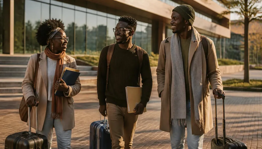 Étudiants internationaux marchant sur un campus universitaire avec leurs valises et dossiers